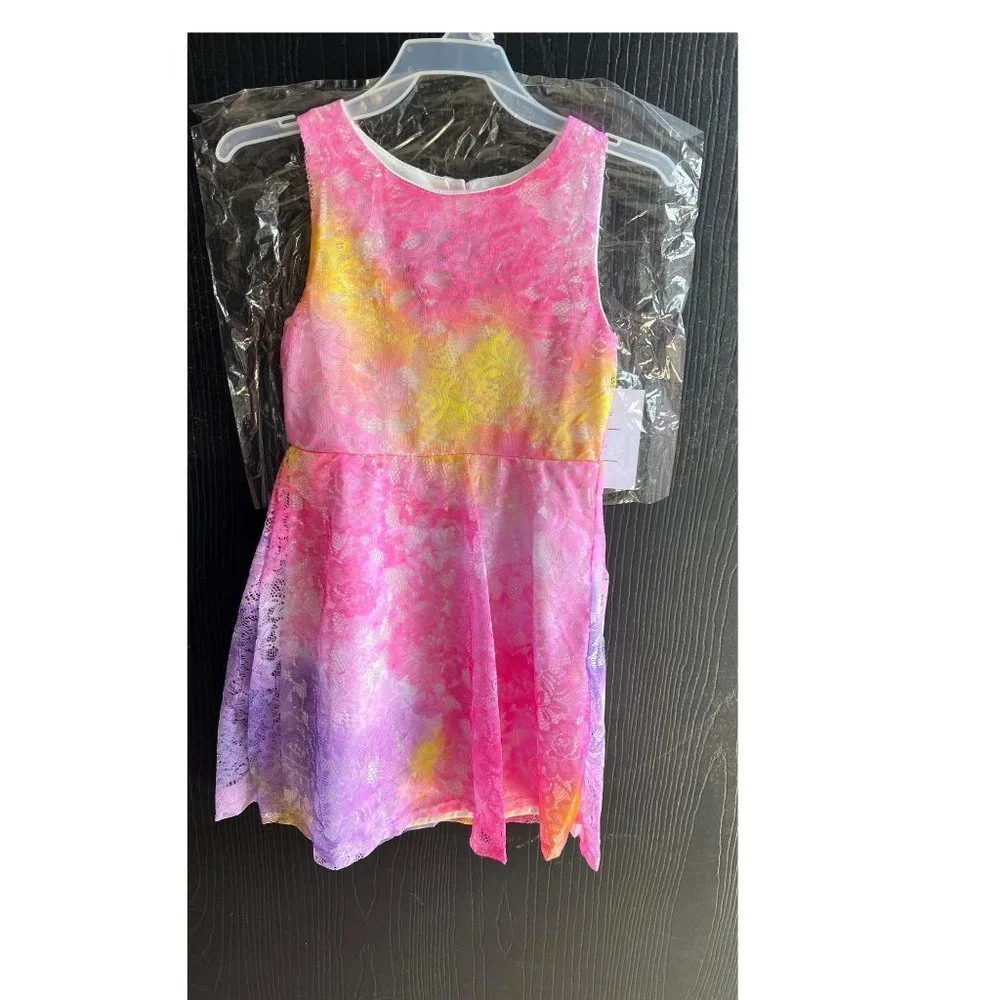 Girls Tie Dye Easter Dress Lace Pink Yellow Purple Lace Over The Skirt 8-12 - Picture 8 of 9